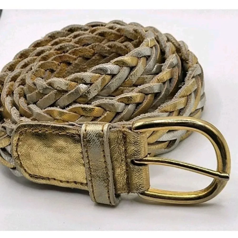 Metallic Gold Silver Braided Leather Belt 38in